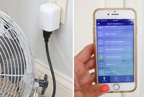 interrupteur leviton connecté au ventilateur et une image de l’application myleviton