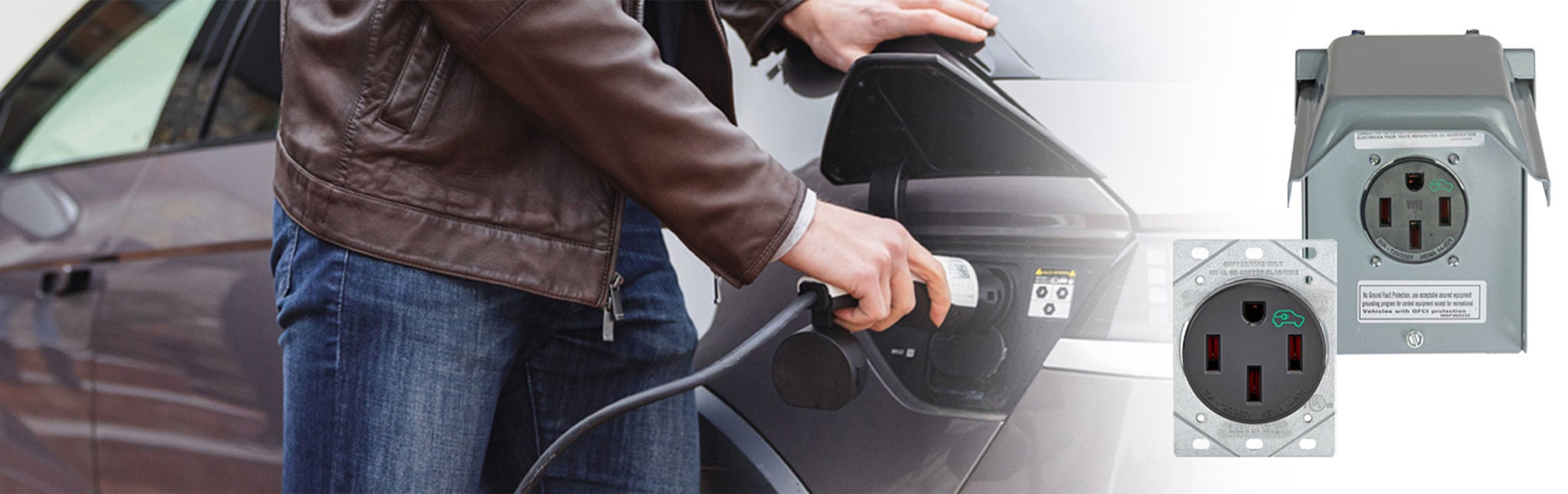 Banner of person charging an electric vehicle. The EVCVM-50 and 1450W are to the right side of the image